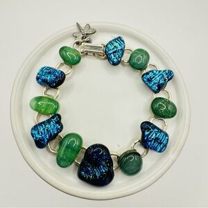 Dichroic glass cabochon link bracelets with safety fastener , Blue Green 7.5”